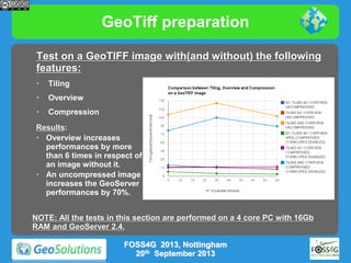 GeoTiff preparation
Test on a GeoTIFF image with(and without) the following
features:
•

Tiling

•

Overview

•

Compression

Results:
• Overview increases
performances by more
than 6 times in respect of
an image without it.
• An uncompressed image
increases the GeoServer
performances by 70%.
NOTE: All the tests in this section are performed on a 4 core PC with 16Gb
RAM and GeoServer 2.4.
FOSS4G 2013, Nottingham
20th September 2013

 