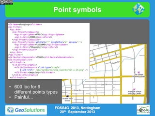 Point symbols

• 600 loc for 6
different points types
• Painful…
FOSS4G 2013, Nottingham
20th September 2013

 