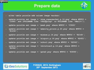 Prepare data








alter table pointlm add column image varchar;
update pointlm set image = 'shop_supermarket.p.16.png' where MTFCC =
'C3081' and (FULLNAME like '%Shopping%' or FULLNAME like '%Mall%');
update pointlm set image = 'peak.png' where MTFCC = 'C3022'
update pointlm set image = 'amenity_prison.p.20.png' where MTFCC =
'K1236';



update pointlm set image = 'museum.p.16.png' where MTFCC = 'K2165';



update pointlm set image = 'airport.p.16.png' where MTFCC = 'K2451';



update pointlm set image = 'school.png' where MTFCC = 'K2543';





update pointlm set image = 'christian3.p.14.png' where MTFCC =
'K2582';
update pointlm set image = 'gate2.png' where MTFCC = 'K3066';

FOSS4G 2013, Nottingham
20th September 2013

 