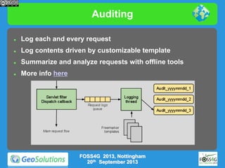 Auditing


Log each and every request



Log contents driven by customizable template



Summarize and analyze requests with offline tools



More info here

FOSS4G 2013, Nottingham
20th September 2013

 