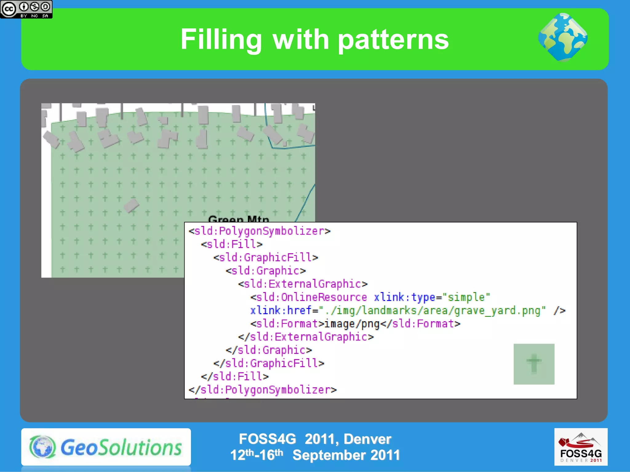 Filling with patterns




    FOSS4G 2011, Denver
   12th-16th September 2011
 