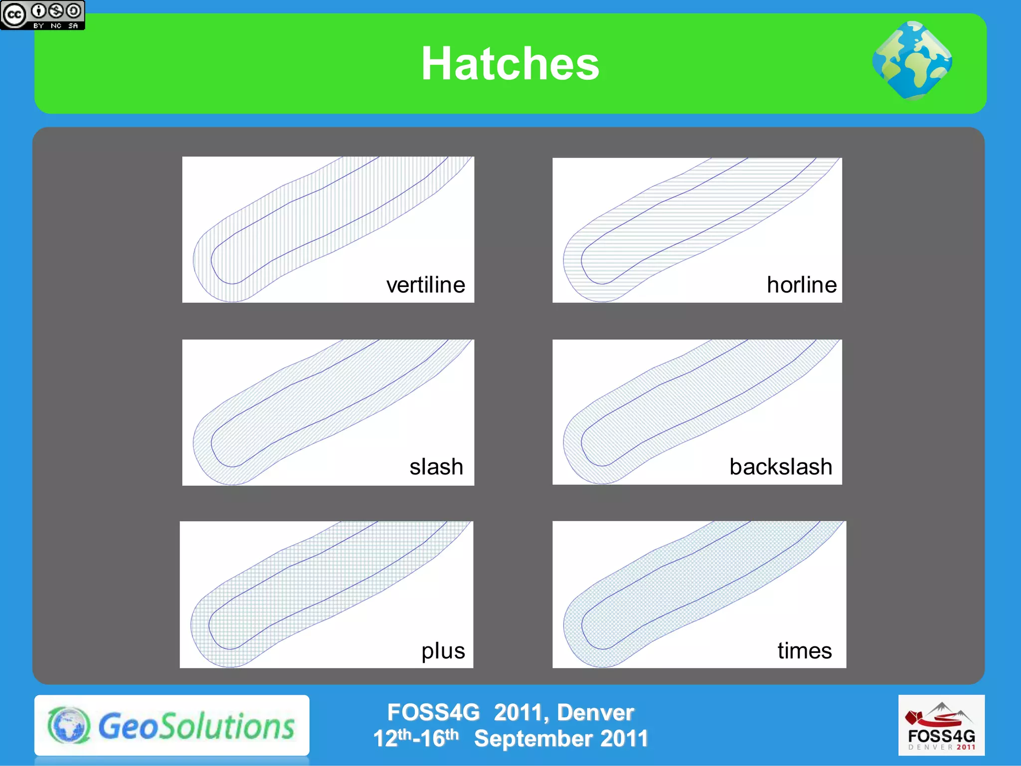 Hatches



 vertiline                    horline




   slash                   backslash




    plus                       times

 FOSS4G 2011, Denver
12th-16th September 2011
 