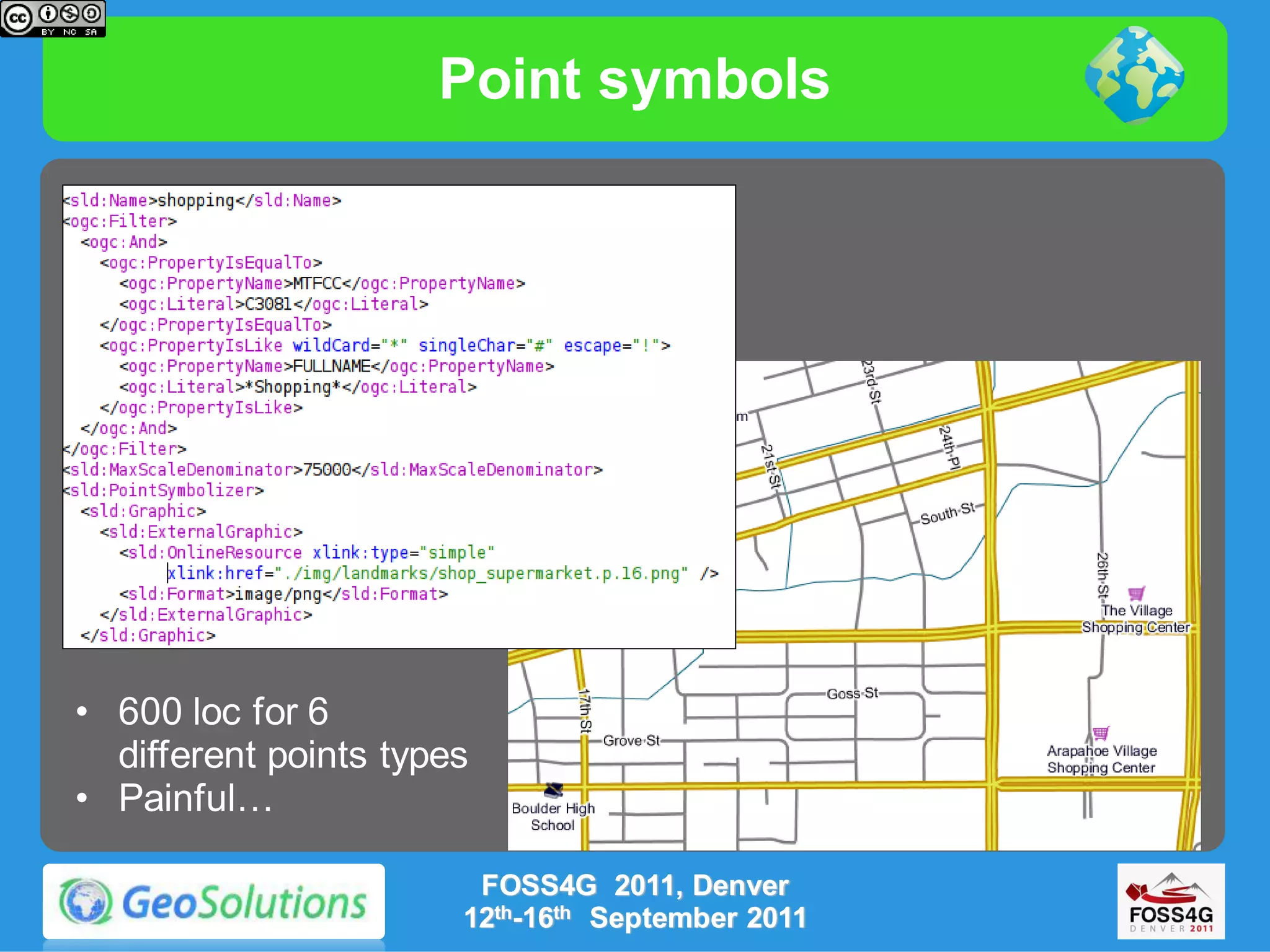 Point symbols




• 600 loc for 6
  different points types
• Painful…

                        FOSS4G 2011, Denver
                       12th-16th September 2011
 