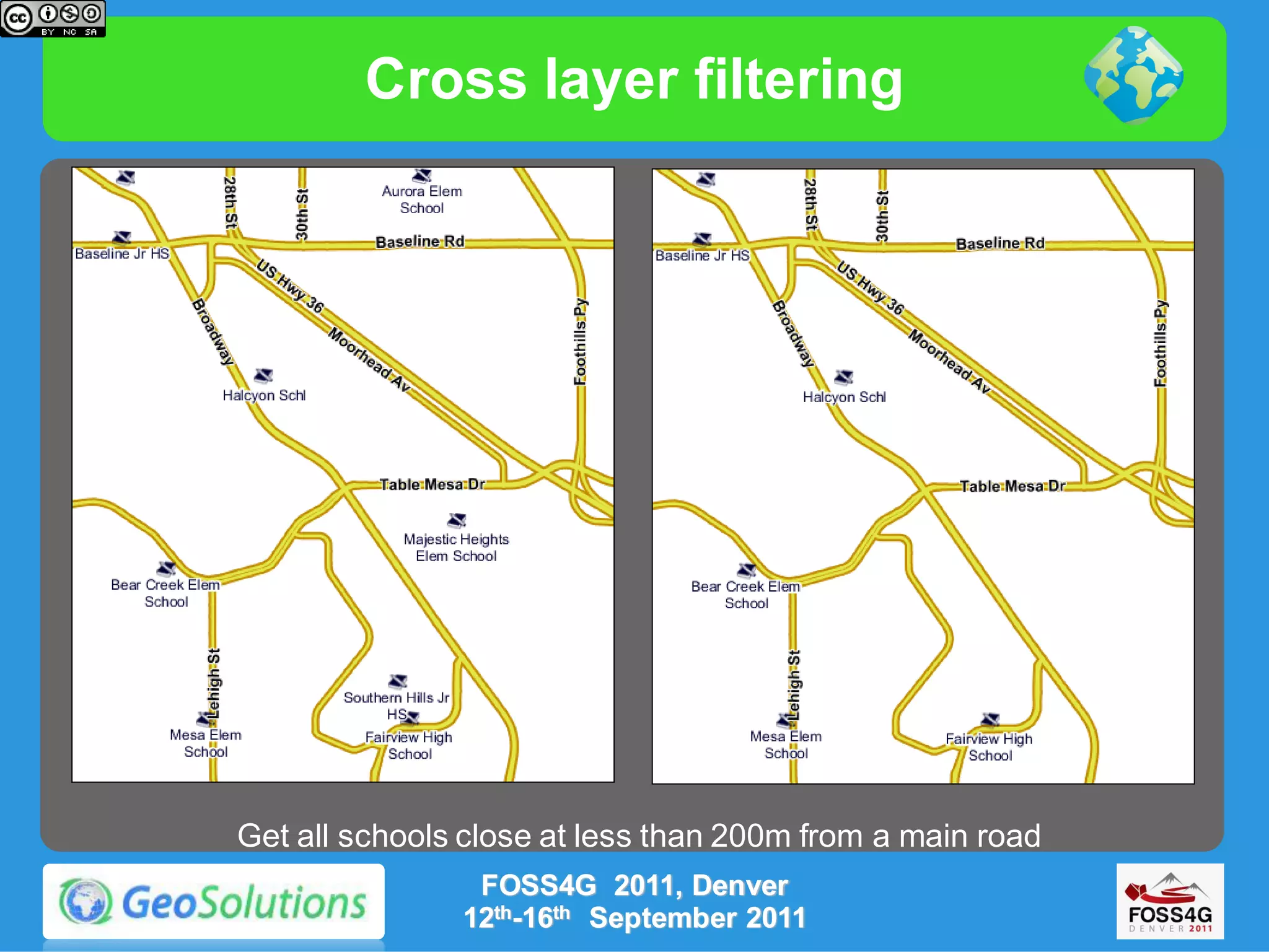 Cross layer filtering




Get all schools close at less than 200m from a main road
                FOSS4G 2011, Denver
               12th-16th September 2011
 