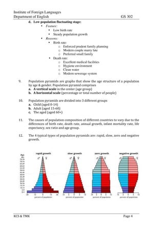 Institute of Foreign Languages
Department of English GS 302
KCS$&$TMK$ $ $$Page$4$
d. Low population fluctuating stage:
• Feature:
• Low birth rate
• Steady population growth
• Reasons:
• Birth rate:
o Enforced prudent family planning
o Modern couple marry late
o Preferred small family
• Death rate:
o Excellent medical facilities
o Hygiene environment
o Clean water
o Modern sewerage system
9. Population$pyramids$are$graphs$that$show$the$age$structure$of$a$population$
by$age$&$gender.$Population$pyramid$comprises$
a. A$vertical$scale$in$the$center$(age$group)$
b. A$horizontal$scale$(percentage$or$total$number$of$people)$
$
10. Population$pyramids$are$divided$into$3$different$groups$
a. Child$(aged$0G14)$
b. Adult$(aged$15G60)$
c. The$aged$(aged$60+)$
$
11. The$causes$of$population$composition$of$different$countries$to$vary$due$to$the$
differences$of$birth$rate,$death$rate,$annual$growth,$infant$mortality$rate,$life$
expectancy,$sex$ratio$and$age$group.$
$
12. The$4$typical$types$of$population$pyramids$are:$rapid,$slow,$zero$and$negative$
growth.$
$
$
$
$
$
$
$
$
$
$
$
$
$
$
$
$
$
$
 