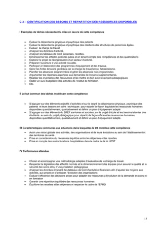 15
C 3 – IDENTIFICATION DES BESOINS ET REPARTITION DES RESSOURCES DISPONIBLES
I Exemples de tâches nécessitant la mise en œuvre de cette compétence
 Évaluer la dépendance physique et psychique des patients
 Évaluer la dépendance physique et psychique des résidents des structures de personnes âgées.
 Évaluer la charge de travail
 Analyser les données d’activité.
 Analyser les tableaux de bord, dépenses, recettes.
 Dimensionner les effectifs entre les pôles et en tenant compte des compétences et des qualifications
 Élaborer le projet de réorganisation d’un secteur d’activité.
 Préparer l’ouverture d’une activité nouvelle.
 Participer à l’élaboration des programmes d’équipement et des travaux.
 Gérer les fortes tensions générées par la charge de travail et/ou l’absentéisme.
 Planifier les absences programmées et gérer les absences non programmées
 Argumenter les réponses apportées aux demandes de moyens supplémentaires.
 Réaliser les inventaires des ressources et les mettre en lien avec les projets pédagogiques
 Établir un suivi budgétaire des activités de l’institut de formation
 Etc.
II Le but commun des tâches mobilisant cette compétence
 S’appuyer sur des éléments objectifs d’activités et sur le degré de dépendance physique, psychique des
patients et leurs besoins en soins techniques pour répartir de façon équitable les ressources humaines
disponibles quantitativement, qualitativement et définir un plan d’équipement adapté
 S’appuyer sur des éléments du SREF sanitaires et sociales, sur le projet d’école et les besoins/attentes des
étudiants au sein du projet pédagogique pour répartir de façon efficace les ressources humaines
disponibles quantitativement, qualitativement et définir un plan d’équipement adapté.
III Caractéristiques communes aux situations dans lesquelles le DS mobilise cette compétence
 Avoir une vision globale des activités, des organisations et de leurs évolutions au sein de l’établissement et
des territoires de santé
 Prise en considération du nécessaire équilibre entre les dépenses et les recettes
 Prise en compte des restructurations hospitalières dans le cadre de la loi HPST
IV Performance attendue
 Choisir et accompagner une méthodologie adaptée d’évaluation de la charge de travail.
 Respecter la législation des effectifs normés et le dimensionnement des équipes pour assurer la qualité et la
sécurité des soins et/ou d’une prestation pédagogique
 Analyser les données émanant des tableaux de bord d’activité et financiers afin d’ajuster les moyens aux
activités, aux projets et d’anticiper l’évolution des organisations
 Évaluer l’efficience des décisions prises pour adapter les ressources à l’évolution de la demande en soins et
en formation
 Garantir une répartition équilibrée des ressources humaines
 Équilibrer les recettes et les dépenses et respecter le cadre de l’EPRD
 