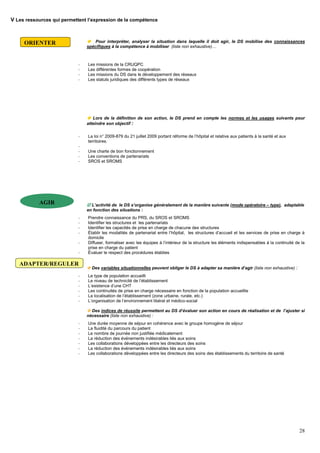 28
V Les ressources qui permettent l’expression de la compétence
 Pour interpréter, analyser la situation dans laquelle il doit agir, le DS mobilise des connaissances
spécifiques à la compétence à mobiliser (liste non exhaustive)…
- Les missions de la CRUQPC
- Les différentes formes de coopération
- Les missions du DS dans le développement des réseaux
- Les statuts juridiques des différents types de réseaux
 Lors de la définition de son action, le DS prend en compte les normes et les usages suivants pour
atteindre son objectif :
- La loi n° 2009-879 du 21 juillet 2009 portant réforme de l’hôpital et relative aux patients à la santé et aux
territoires.
-
- Une charte de bon fonctionnement
- Les conventions de partenariats
- SROS et SROMS
 L’activité de le DS s’organise généralement de la manière suivante (mode opératoire – type), adaptable
en fonction des situations :
- Prendre connaissance du PRS, du SROS et SROMS
- Identifier les structures et les partenariats
- Identifier les capacités de prise en charge de chacune des structures
- Établir les modalités de partenariat entre l’hôpital, les structures d’accueil et les services de prise en charge à
domicile
- Diffuser, formaliser avec les équipes à l’intérieur de la structure les éléments indispensables à la continuité de la
prise en charge du patient
- Évaluer le respect des procédures établies
 Des variables situationnelles peuvent obliger le DS à adapter sa manière d’agir (liste non exhaustive) :
- Le type de population accueilli
- Le niveau de technicité de l’établissement
- L’existence d’une CHT
- Les continuités de prise en charge nécessaire en fonction de la population accueillie
- La localisation de l’établissement (zone urbaine, rurale, etc.)
- L’organisation de l’environnement libéral et médico-social
 Des indices de réussite permettent au DS d’évaluer son action en cours de réalisation et de l’ajuster si
nécessaire (liste non exhaustive) :
- Une durée moyenne de séjour en cohérence avec le groupe homogène de séjour
- La fluidité du parcours du patient
- Le nombre de journée non justifiée médicalement
- La réduction des événements indésirables liés aux soins
- Les collaborations développées entre les directeurs des soins
- La réduction des événements indésirables liés aux soins
- Les collaborations développées entre les directeurs des soins des établissements du territoire de santé
-
-
ii.
-
ORIENTER
AGIR
ADAPTER/REGULER
 