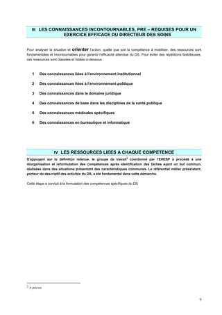 9
III LES CONNAISSANCES INCONTOURNABLES, PRE – REQUISES POUR UN
EXERCICE EFFICACE DU DIRECTEUR DES SOINS
Pour analyser la situation et orienter l’action, quelle que soit la compétence à mobiliser, des ressources sont
fondamentales et incontournables pour garantir l’efficacité attendue du DS. Pour éviter des répétitions fastidieuses,
ces ressources sont classées et listées ci-dessous :
1 Des connaissances liées à l’environnement institutionnel
2 Des connaissances liées à l’environnement politique
3 Des connaissances dans le domaine juridique
4 Des connaissances de base dans les disciplines de la santé publique
5 Des connaissances médicales spécifiques
6 Des connaissances en bureautique et informatique
IV LES RESSOURCES LIEES A CHAQUE COMPETENCE
S’appuyant sur la définition retenue, le groupe de travail
2
coordonné par l’EHESP a procédé à une
réorganisation et reformulation des compétences après identification des tâches ayant un but commun,
réalisées dans des situations présentant des caractéristiques communes. Le référentiel métier préexistant,
porteur du descriptif des activités du DS, a été fondamental dans cette démarche.
Cette étape a conduit à la formulation des compétences spécifiques du DS
2 A préciser
 