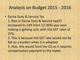 Analysis on Budget 2015 - 2016
• Excise Duty & Service Tax
1. Rise in Excise Duty & Service tax(ST
increased to 14% from 12.36%) was seen
making it getting sync with the GST rates of
27%.
2. This is because the GST rate would not be
felt as a burden when it is adopted
3. Also, this would fund the CG as it requires
compensation payment to the states
 