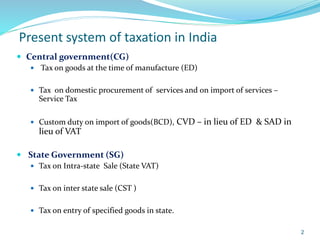 Present system of taxation in India
 Central government(CG)
 Tax on goods at the time of manufacture (ED)
 Tax on domestic procurement of services and on import of services –
Service Tax
 Custom duty on import of goods(BCD), CVD – in lieu of ED & SAD in
lieu of VAT
 State Government (SG)
 Tax on Intra-state Sale (State VAT)
 Tax on inter state sale (CST )
 Tax on entry of specified goods in state.
2
 