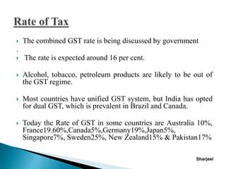  The combined GST rate is being discussed by government
.
 The rate is expected around 16 per cent.
 Alcohol, tobacco, petroleum products are likely to be out of
the GST regime.
 Most countries have unified GST system, but India has opted
for dual GST, which is prevalent in Brazil and Canada.
 Today the Rate of GST in some countries are Australia 10%,
France19.60%,Canada5%,Germany19%,Japan5%,
Singapore7%, Sweden25%, New Zealand15% & Pakistan17%
Sharjeel
 