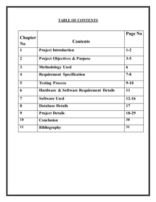 TABLE OF CONTENTS
Chapter
No
Contents
Page No
1 Project Introduction 1-2
2 Project Objectives & Purpose 3-5
3 Methodology ...