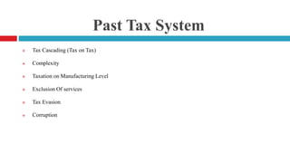Past Tax System
 Tax Cascading (Tax on Tax)
 Complexity
 Taxation on Manufacturing Level
 Exclusion Of services
 Tax Evasion
 Corruption
 