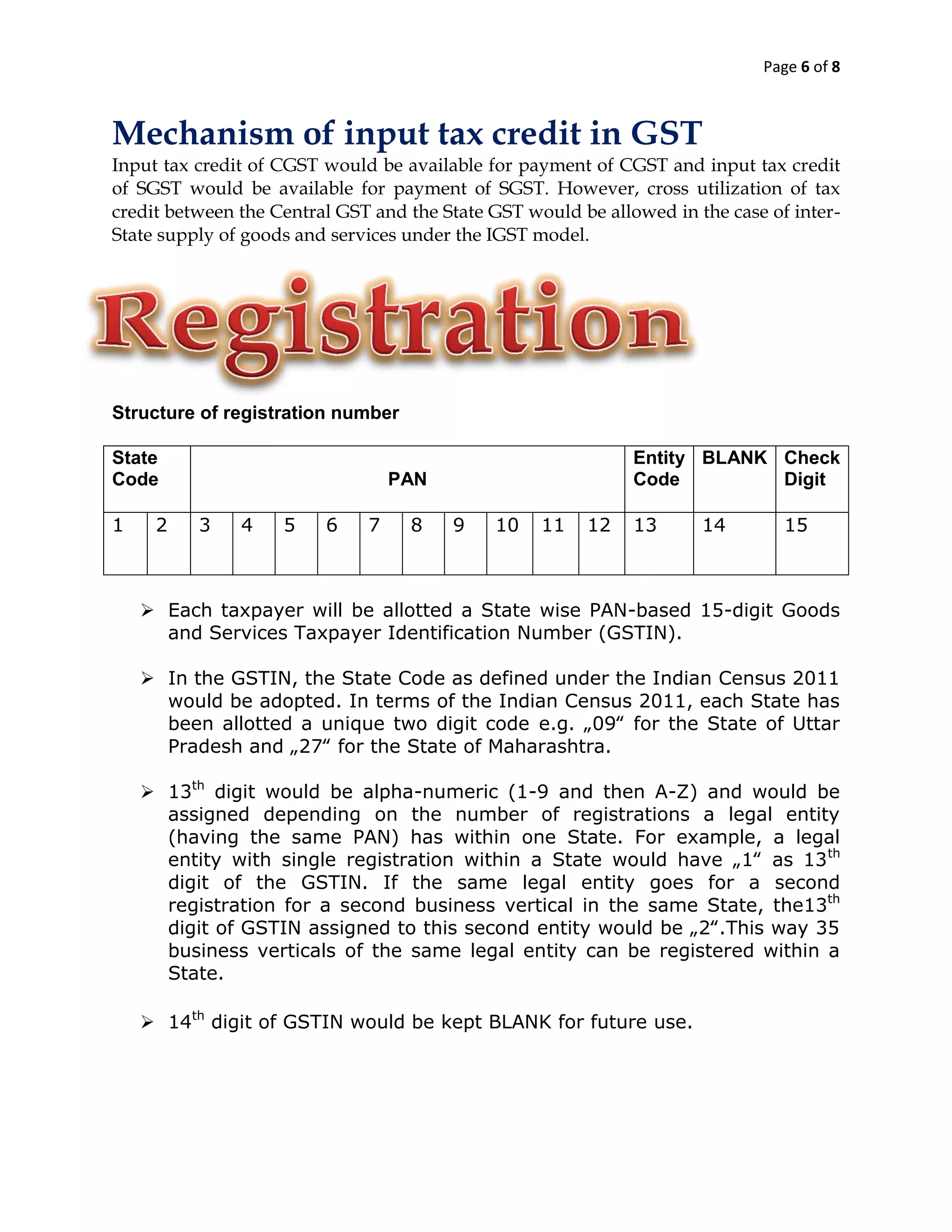 Page 6 of 8
Mechanism of input tax credit in GST
Input tax credit of CGST would be available for payment of CGST and input tax credit
of SGST would be available for payment of SGST. However, cross utilization of tax
credit between the Central GST and the State GST would be allowed in the case of inter-
State supply of goods and services under the IGST model.
Structure of registration number
State
Code PAN
Entity
Code
BLANK Check
Digit
1 2 3 4 5 6 7 8 9 10 11 12 13 14 15
 Each taxpayer will be allotted a State wise PAN-based 15-digit Goods
and Services Taxpayer Identification Number (GSTIN).
 In the GSTIN, the State Code as defined under the Indian Census 2011
would be adopted. In terms of the Indian Census 2011, each State has
been allotted a unique two digit code e.g. „09‟ for the State of Uttar
Pradesh and „27‟ for the State of Maharashtra.
 13th
digit would be alpha-numeric (1-9 and then A-Z) and would be
assigned depending on the number of registrations a legal entity
(having the same PAN) has within one State. For example, a legal
entity with single registration within a State would have „1‟ as 13th
digit of the GSTIN. If the same legal entity goes for a second
registration for a second business vertical in the same State, the13th
digit of GSTIN assigned to this second entity would be „2‟.This way 35
business verticals of the same legal entity can be registered within a
State.
 14th
digit of GSTIN would be kept BLANK for future use.
 