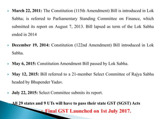  March 22, 2011: The Constitution (115th Amendment) Bill is introduced in Lok
Sabha; is referred to Parliamentary Standing Committee on Finance, which
submitted its report on August 7, 2013. Bill lapsed as term of the Lok Sabha
ended in 2014
 December 19, 2014: Constitution (122nd Amendment) Bill introduced in Lok
Sabha.
 May 6, 2015: Constitution Amendment Bill passed by Lok Sabha.
 May 12, 2015: Bill referred to a 21-member Select Committee of Rajya Sabha
headed by Bhupender Yadav.
 July 22, 2015: Select Committee submits its report.
 All 29 states and 9 UTs will have to pass their state GST (SGST) Acts
 Final GST Launched on 1st July 2017.
 