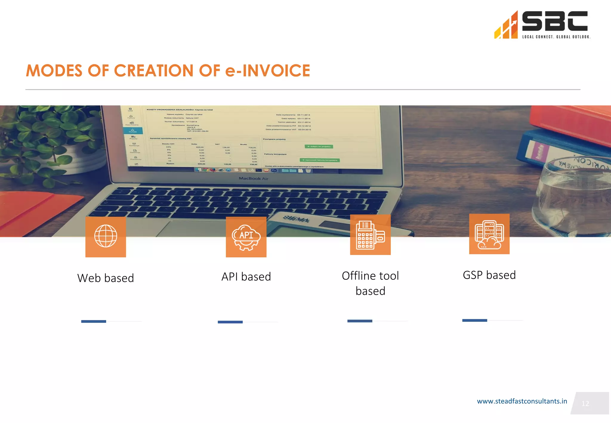 12
12
MODES OF CREATION OF e-INVOICE
Web based API based Offline tool
based
GSP based
12
www.steadfastconsultants.in
 