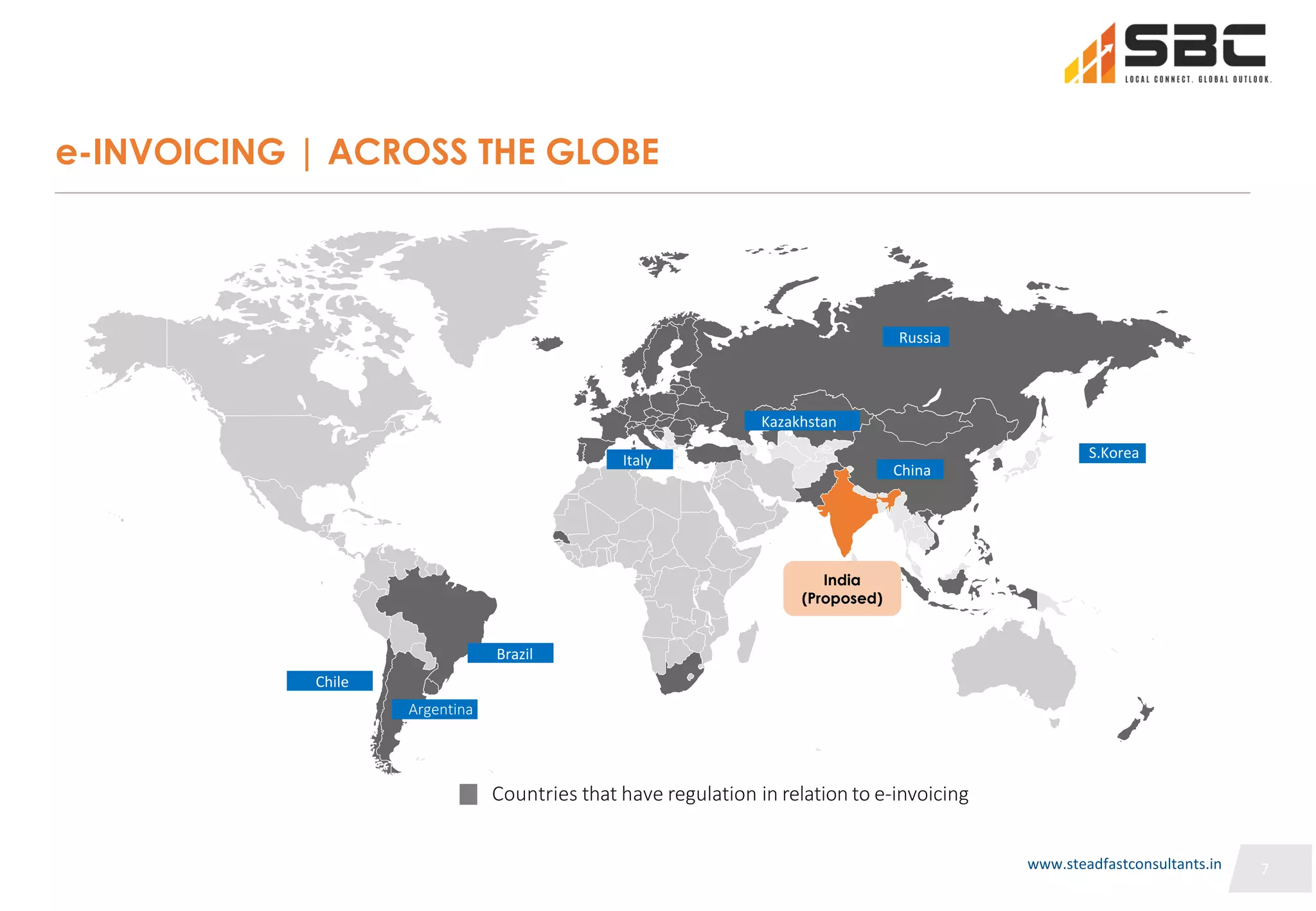 7
7
e-INVOICING | ACROSS THE GLOBE
Countries that have regulation in relation to e-invoicing
Argentina
Brazil
Chile
Italy
Kazakhstan
Russia
China
S.Korea
India
(Proposed)
7
www.steadfastconsultants.in
 