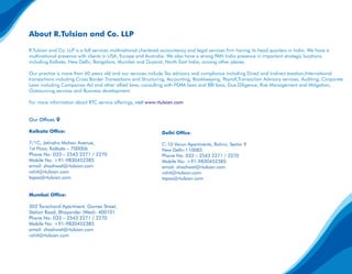 About R.Tulsian and Co. LLP
R.Tulsian and Co. LLP is a full services multinational chartered accountancy and legal service...