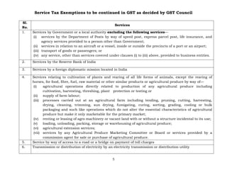 Service Tax Exemptions to be continued in GST as decided by GST Council
5
Sl.
No.
Services
1. Services by Government or a local authority excluding the following services—
(i) services by the Department of Posts by way of speed post, express parcel post, life insurance, and
agency services provided to a person other than Government;
(ii) services in relation to an aircraft or a vessel, inside or outside the precincts of a port or an airport;
(iii) transport of goods or passengers; or
(iv) any service, other than services covered under clauses (i) to (iii) above, provided to business entities.
2. Services by the Reserve Bank of India
3. Services by a foreign diplomatic mission located in India
4. Services relating to cultivation of plants and rearing of all life forms of animals, except the rearing of
horses, for food, fibre, fuel, raw material or other similar products or agricultural produce by way of—
(i) agricultural operations directly related to production of any agricultural produce including
cultivation, harvesting, threshing, plant protection or testing or
(ii) supply of farm labour;
(iii) processes carried out at an agricultural farm including tending, pruning, cutting, harvesting,
drying, cleaning, trimming, sun drying, fumigating, curing, sorting, grading, cooling or bulk
packaging and such like operations which do not alter the essential characteristics of agricultural
produce but make it only marketable for the primary market;
(iv) renting or leasing of agro machinery or vacant land with or without a structure incidental to its use;
(v) loading, unloading, packing, storage or warehousing of agricultural produce;
(vi) agricultural extension services;
(vii) services by any Agricultural Produce Marketing Committee or Board or services provided by a
commission agent for sale or purchase of agricultural produce.
5. Service by way of access to a road or a bridge on payment of toll charges
6. Transmission or distribution of electricity by an electricity transmission or distribution utility
 