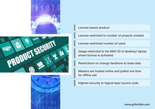 License based product
License restricted to number of projects created
License restricted number of users
Usage restricted to the MAC ID of desktop/ laptop
where license is activated
Restrictions on change iterations to base data
Masters are hosted online and pulled one time
for ofﬂine use
Highest security to logical layer source code
www.gstbuilder.com
 