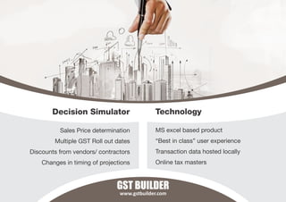 Decision Simulator Technology
Sales Price determination
Multiple GST Roll out dates
Discounts from vendors/ contractors
Changes in timing of projections
MS excel based product
“Best in class” user experience
Transaction data hosted locally
Online tax masters
GST BUILDER
www.gstbuilder.com
 