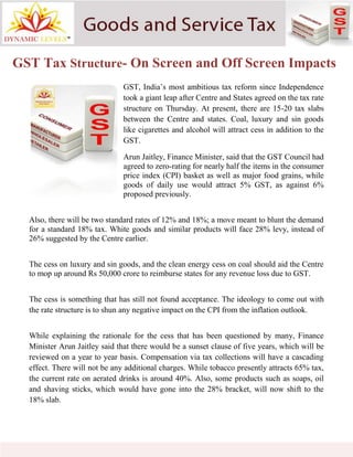 GST, India’s most ambitious tax reform since Independence
took a giant leap after Centre and States agreed on the tax rate
structure on Thursday. At present, there are 15-20 tax slabs
between the Centre and states. Coal, luxury and sin goods
like cigarettes and alcohol will attract cess in addition to the
GST.
Arun Jaitley, Finance Minister, said that the GST Council had
agreed to zero-rating for nearly half the items in the consumer
price index (CPI) basket as well as major food grains, while
goods of daily use would attract 5% GST, as against 6%
proposed previously.
Also, there will be two standard rates of 12% and 18%; a move meant to blunt the demand
for a standard 18% tax. White goods and similar products will face 28% levy, instead of
26% suggested by the Centre earlier.
The cess on luxury and sin goods, and the clean energy cess on coal should aid the Centre
to mop up around Rs 50,000 crore to reimburse states for any revenue loss due to GST.
The cess is something that has still not found acceptance. The ideology to come out with
the rate structure is to shun any negative impact on the CPI from the inflation outlook.
While explaining the rationale for the cess that has been questioned by many, Finance
Minister Arun Jaitley said that there would be a sunset clause of five years, which will be
reviewed on a year to year basis. Compensation via tax collections will have a cascading
effect. There will not be any additional charges. While tobacco presently attracts 65% tax,
the current rate on aerated drinks is around 40%. Also, some products such as soaps, oil
and shaving sticks, which would have gone into the 28% bracket, will now shift to the
18% slab.
GST Tax Structure- On Screen and Off Screen Impacts
 