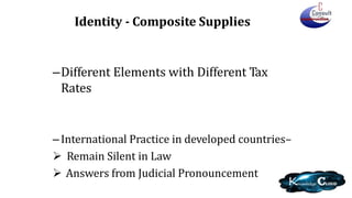 –Different Elements with Different Tax
Rates
–International Practice in developed countries–
 Remain Silent in Law
 Answers from Judicial Pronouncement
Identity - Composite Supplies
 
