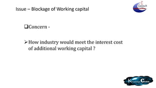 Issue – Blockage of Working capital
Concern -
How industry would meet the interest cost
of additional working capital ?
 