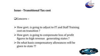 Issue - Transitional Tax cost
Concern –
 How govt. is going to adjust to IT and Staff Training
cost on transition ?
 How govt. is going to compensate loss of profit
figures to high revenue generating states ?
 On what basis compensatory allowances will be
given to state ??
 