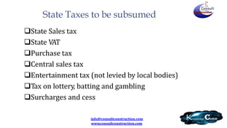 State Taxes to be subsumed
info@consultconstruction.com
www.consultconstruction.com
State Sales tax
State VAT
Purchase tax
Central sales tax
Entertainment tax (not levied by local bodies)
Tax on lottery, batting and gambling
Surcharges and cess
 