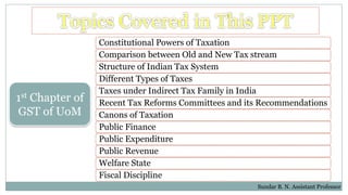 Constitutional Powers of Taxation
Comparison between Old and New Tax stream
Structure of Indian Tax System
Different Types of Taxes
Taxes under Indirect Tax Family in India
Recent Tax Reforms Committees and its Recommendations
Canons of Taxation
Public Finance
Public Expenditure
Public Revenue
Welfare State
Fiscal Discipline
Sundar B. N. Assistant Professor
1st Chapter of
GST of UoM
 