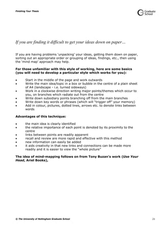 Finishing Your Thesis
© The University of Nottingham Graduate School 21
If you are finding it difficult to get your ideas down on paper…
If you are having problems ‘unpacking’ your ideas, getting them down on paper,
sorting out an appropriate order or grouping of ideas, findings, etc., then using
the ‘mind map’ approach may help.
For those unfamiliar with this style of working, here are some basics
(you will need to develop a particular style which works for you):
 Start in the middle of the page and work outwards
 Write the main idea/topic in a box or bubble in the centre of a plain sheet
of A4 (landscape - i.e. turned sideways)
 Work in a clockwise direction writing major points/themes which occur to
you, on branches which radiate out from the centre
 Write down subsidiary points branching off from the main branches
 Write down key words or phrases (which will “trigger off” your memory)
 Add in colour, pictures, dotted lines, arrows etc. to denote links between
words
Advantages of this technique:
 the main idea is clearly identified
 the relative importance of each point is denoted by its proximity to the
centre
 links between points are readily apparent
 recall and review are more rapid and effective with this method
 new information can easily be added
 it aids creativity in that new links and connections can be made more
readily and it is easier to view the “whole picture”
The idea of mind-mapping follows on from Tony Buzan’s work (Use Your
Head, Ariel Books),
 