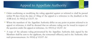 Appeal to Appellate Authority 14
• Order confirming or modifying the ruling appealed against or referred to shall be passed
within 90 days from the date of filing of the appeal or a reference to the deadlock at the
AAR level. Sec 101(2) of CGST Act
• Where the members of the Appellate Authority differ on any point or points referred to in
appeal or reference, it shall be deemed that no advance ruling can be issued in respect of
the question under the appeal or reference. Sec 101(3) of CGST Act
• A copy of the advance ruling pronounced by the Appellate Authority duly signed by the
Members shall be sent to the applicant, the concerned officer(s) and to the Authority after
such pronouncement. Sec 101(4) of CGST Act
 