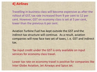 4] Airlines
Travelling in business class will become expensive as after the
rollout of GST, tax rate increased from 9 per cent to 12 per
cent. However, GST on economy class is set at 5 per cent,
lower than the previous 6 per cent.
Aviation Turbine Fuel has kept outside the GST and the
indirect tax structure will continue. As a result, aviation
companies will now face two set of taxes, i. e. GST and indirect
tax.
Tax input credit under the GST is only available on input
services for economy class travel.
Lower tax rate on economy travel is positive for companies like
Inter Globe Aviation, Jet Airways and Spice Jet.
 