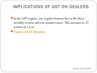 IMPLICATIONS OF GST ON DEALERS
In the GST regime, any regular business has to file three
monthly returns and one annual return. This amounts to 37
returns in a year.
Types of GST Returns
Sunday, April 8, 2018
 