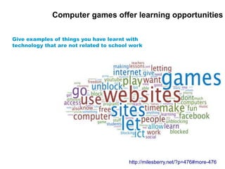 Give examples of things you have learnt with
technology that are not related to school work
Computer games offer learning ...