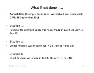 M/s. Jignesh Kansara & Associates
What if not done ……
• Annual Ratio (Exempt / Total) is not worked out and disclosed in
GSTR-3B September 2018
• Situation 1:
• Reversal for Exempt Supply was never made in GSTR-3B (July 18 –
Sep 18)
• Situation 2:
• Excess Reversal was made in GSTR-3B (July 18 – Sep 18)
• Situation 3:
• Short Reversal was made in GSTR-3B (July 18 – Sep 18)
10
 