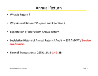 M/s. Jignesh Kansara & Associates
Annual Return
• What is Return ?
• Why Annual Return ? Purpose and Intention ?
• Expectation of Users from Annual Return
• Legislative History of Annual Return / Audit – BST / MVAT / Service
Tax / Excise.
• Flow of Transactions : GSTR1-2A-2-1A-3-3B
Slide 3
 