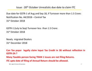 M/s. Jignesh Kansara & Associates
Issue : 20th October Unrealistic due date to claim ITC
Due date for GSTR-1 of Aug and Sep 18, if Turnover more than 1.5 Crore:
Notification No. 44/2018 – Central Tax
31st October 2018
GSTR-1 (July to Sep) Turnover less than 1.5 Crore:
31st October 2018
Newly migrated Dealers
31st December 2018
Can Tax payer legally claim Input Tax Credit in 3B without reflection in
GSTR-2A ?
Many Taxable person facing TRAN 1 issues are not filing Returns.
ITC upto date of filing of Annual Return should be allowed.
47
 
