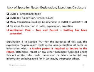 M/s. Jignesh Kansara & Associates
Lack of Space for Notes, Explanation, Exception, Disclosure
 GSTR-1 : Amendment table
 GSTR-3B : No Revision. Circular no. 26
 Many transaction could not be amended in GSTR1 as well GSTR 3B
 No scope for insertion of notes, explanation, exception
 Verification Para – True and Correct – Nothing has been
concealed
Explanation 2 to Section 74.––For the purposes of this Act, the
expression “suppression” shall mean non-declaration of facts or
information which a taxable person is required to declare in the
return, statement, report or any other document furnished under
this Act or the rules made thereunder, or failure to furnish any
information on being asked for, in writing, by the proper officer.
69
 