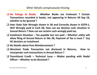 M/s. Jignesh Kansara & Associates
Other Details conspicuously missing.
 No linkage to Books. Whether Books are Irrelevant ? Certain
Transactions recorded in books, not appearing in Returns till Sep 18,
whether to be ignored ?
 Inter State Sale Wrongly shown in 3B and Correctly shown in GSTR-1,
IGST Wrongly paid in Cash 3B, How can we disclose such situation in
Annual Return ? How can we reclaim such wrongly paid tax.
 Instalment Situation – Tax payable but not paid – Whether utility will
allow filing of Annual Return or like 3B, Payment of Tax is must ? Guj
HC decision on instalment
 No Details about Pure Reimbursement ?
 Merchant Trade Transaction not disclosed in Returns, How to
incorporate such transactions in Annual Return ?
 Transitional Credit – Technical issue – Matter pending with Nodal
Officer – Whether to be disclosed ?
70
 