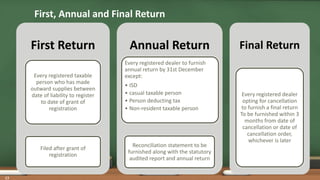 First, Annual and Final Return
First Return
Every registered taxable
person who has made
outward supplies between
date of liability to register
to date of grant of
registration
Filed after grant of
registration
Annual Return
Every registered dealer to furnish
annual return by 31st December
except:
• ISD
• casual taxable person
• Person deducting tax
• Non-resident taxable person
Reconciliation statement to be
furnished along with the statutory
audited report and annual return
Final Return
Every registered dealer
opting for cancellation
to furnish a final return
To be furnished within 3
months from date of
cancellation or date of
cancellation order,
whichever is later
13
 