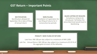 GST Return – Important Points
RECTIFICATION
Rectification allowed till
September 30 or date of filing
of annual return
NON FILLING
Cancellation of registration for
non filing of returns for 3
consecutive tax periods
BLACK LISTING OF DEALERS
Compliance rating to be
introduced. Fall below the
prescribed level would lead to
blacklisting
PENALTY- NON FILING OF RETURN
Late Fees: INR 100 per day subject to a maximum of INR 5,000
Late Fee - Annual Return INR 100 per day subject to a maximum of 0.25 % of
the aggregate turnover of the defaulter.
14
 