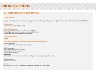 JOB DESCRIPTIONS 
IGN IGCDP OPERATIONS SUPPORT TEAM 
1. Team Purpose 
To support the AI Operations team by delivering regional strategies through coaching and ensuring the implementation of the growth model in iGCDP T1 IGN 
2. Bottom-lines 
% growth in sustainable iGCDP in Tier 1] 
3. Specific deliverables 
-Coaching with Tier 1 entities on specific program (iGCDP) 
-Facilitating in regional conferences and summits (to be defined) 
-Internal Communication delivery for Tier 1 entities] 
4. Structure of the GST 
1 IGCDP 
4. The Team – Profiles & Requirements (All preferred, otherwise stated) 
Previous experience 
Former MC XP preferred, Operations XP preferred] 
AIESEC Knowledge 
-Excellent organisational understanding 
-Excellent operational management 
-Virtual Team XP preferred 
Specific Skills 
to-do attitude, external relations, relationship building, account management, public speaking 
Workload required 
Up to 10 hours a week 
Duration 
From 16/07 to 31/12/2014 * possibility to be extended if required for 6 more months 
 