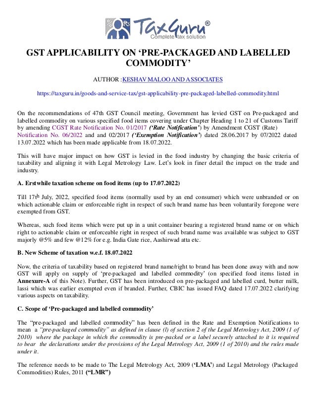 GST applicability on ‘Prepackaged and labelled commodity’