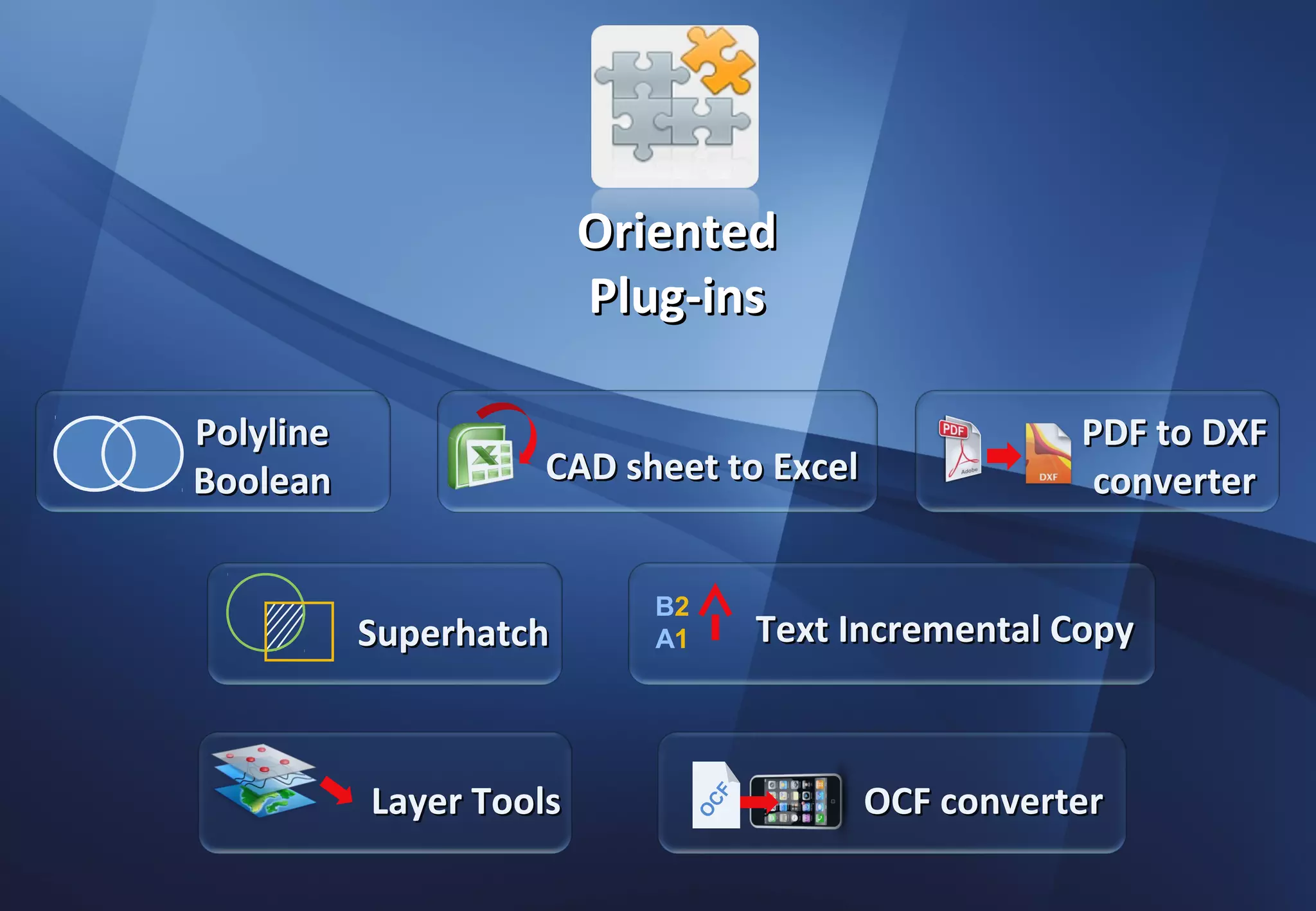 Oriented
                         Plug-ins

Polyline                                                PDF to DXF
Boolean             CAD sheet to Excel                   converter


                            B2
           Superhatch       A1         Text Incremental Copy



           Layer Tools                      OCF converter
                                   F
                                 OC
 