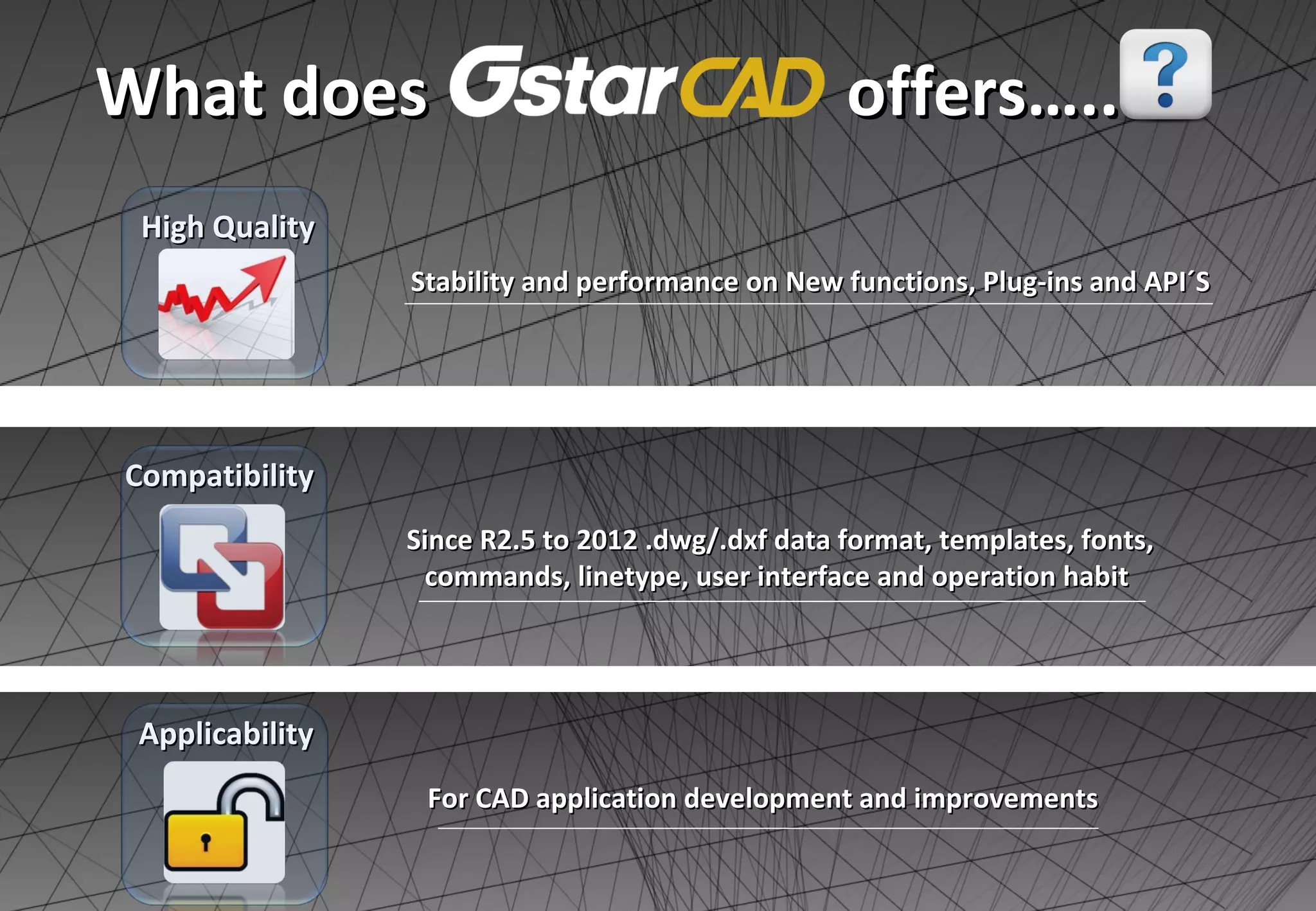 What does                                          offers…..
 High Quality
                 Stability and performance on New functions, Plug-ins and API´S




Compatibility
                 Since R2.5 to 2012 .dwg/.dxf data format, templates, fonts,
                  commands, linetype, user interface and operation habit




 Applicability
                  For CAD application development and improvements
 