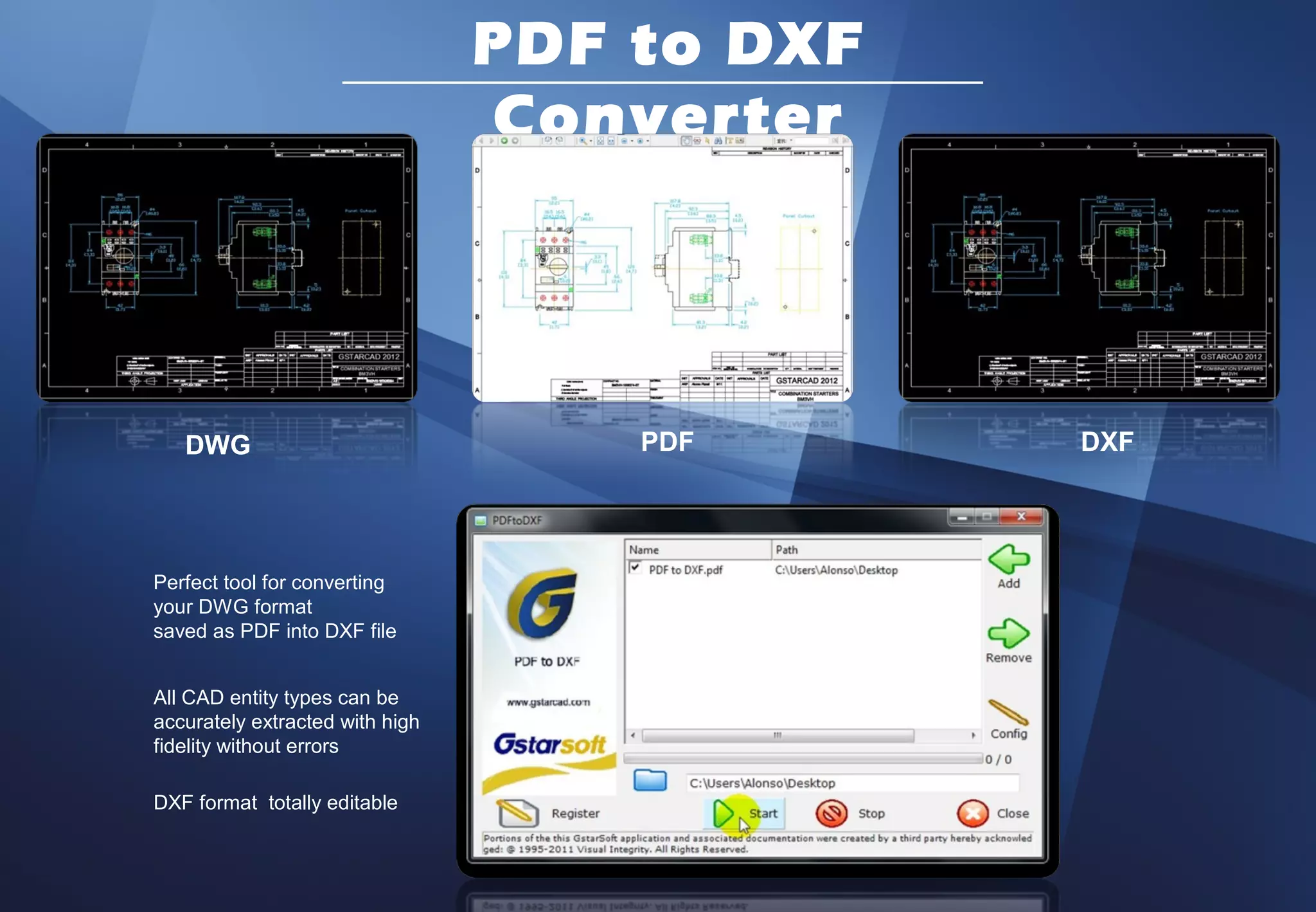 PDF to DXF
                                 Converter




   DWG                               PDF      DXF




Perfect tool for converting
your DWG format
saved as PDF into DXF file


All CAD entity types can be
accurately extracted with high
fidelity without errors

DXF format totally editable
 