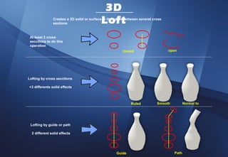 3D
                                           Loft
               Creates a 3D solid or surface in the space between several cross
               sections



 At least 2 cross
 secctions to do this
 operation
                                                        closed                    open




Lofting by cross secctions

+3 differents solid effects



                                                             Ruled          Smooth          Normal to




 Lofting by guide or path

  2 different solid effects




                                                    Guide                            Path
 