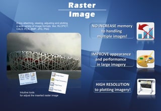 Raster
                                               Image
Enjoy attaching, viewing, adjusting and plotting
a wide variety of image formats like: RLCPICT,      NO INCREASE memory
CALS, PCX, BMP, JPG, PNG
                                                         to handling
                                                      multiple images!



                                                    IMPROVE appearance
                                                      and performance
                                                       in large imagery



                                                      HIGH RESOLUTION
                                                     to plotting imagery!
   Intuitive tools
   for adjust the inserted raster image
 